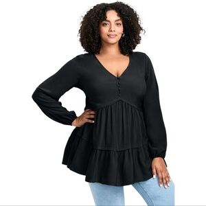 Avenue Tilly Long Sleeve Tunic Black 18 V-Neck CottageCore Peasant Milkmaid Boho